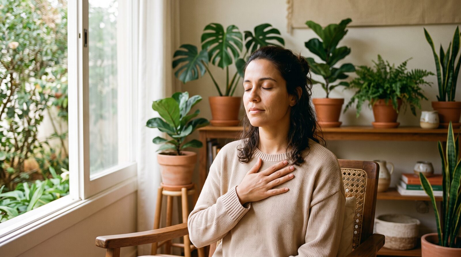 Mulher respirando com calma em casa, tema de ansiedade na mulher