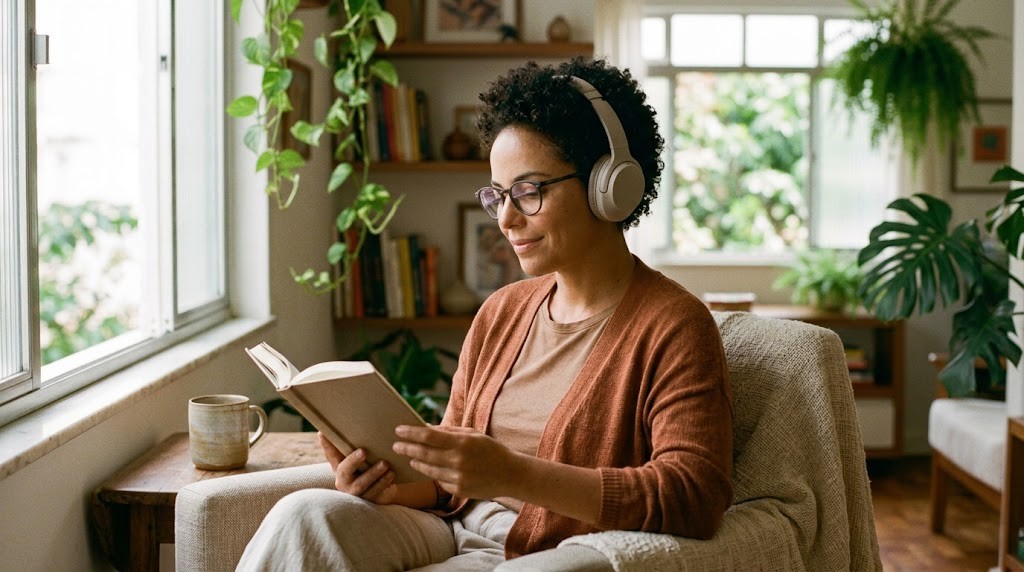 Mulher lendo com fones de ouvido em ambiente tranquilo, tema de autismo na mulher