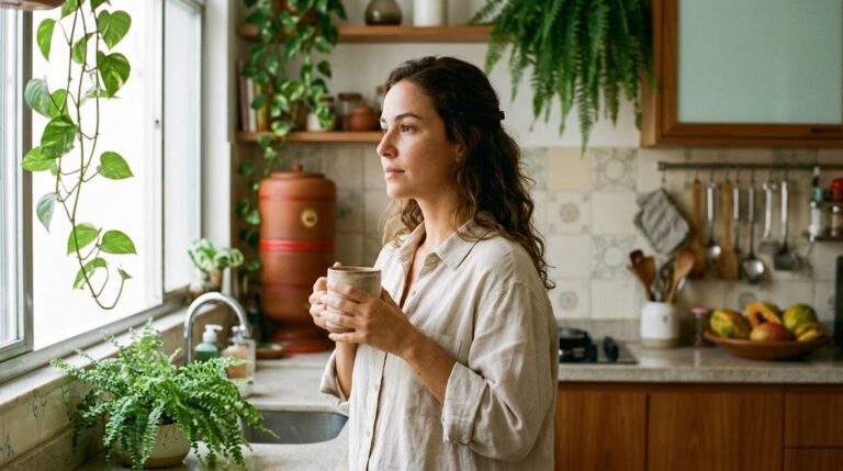 Mulher em momento de calma em casa, tema de TOC na mulher e pensamentos intrusivos
